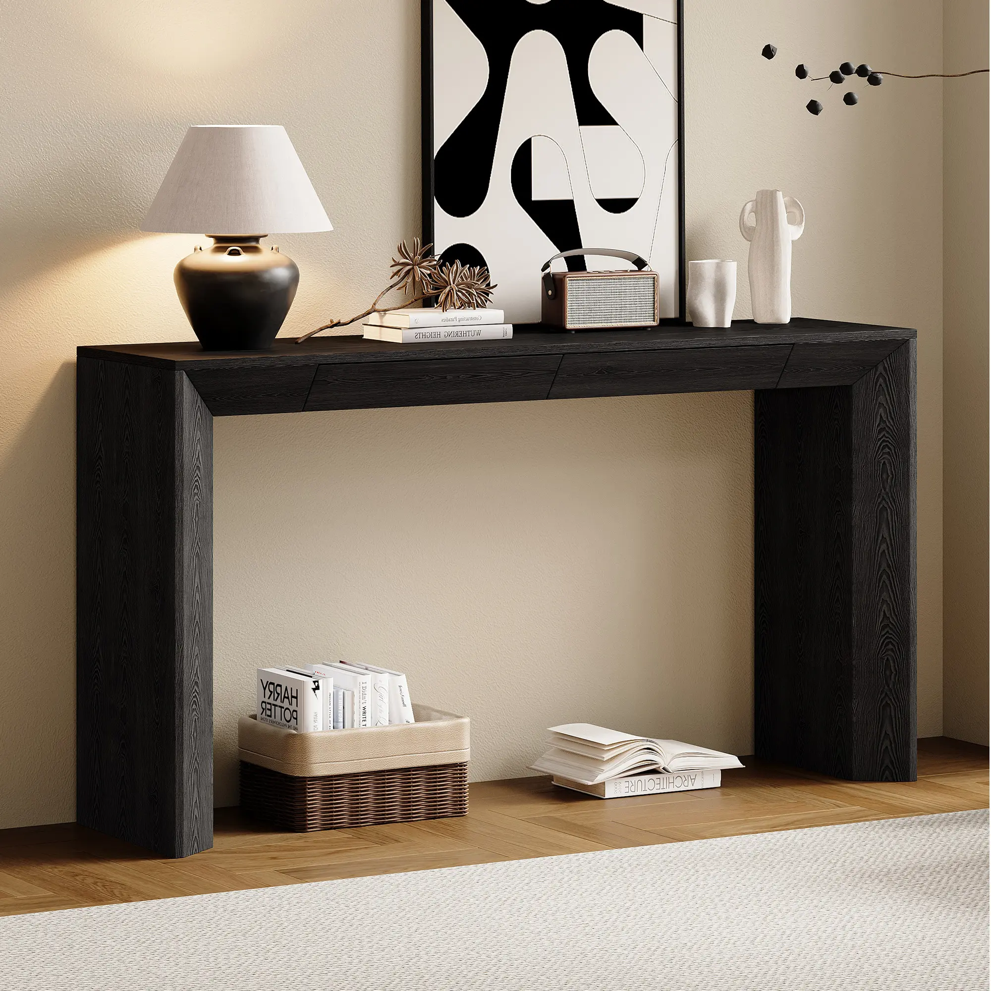 60" Modern Farmhouse Waterfall Console Table with 2 Hidden Drawers, Ash Veneer, Black, YATU Living