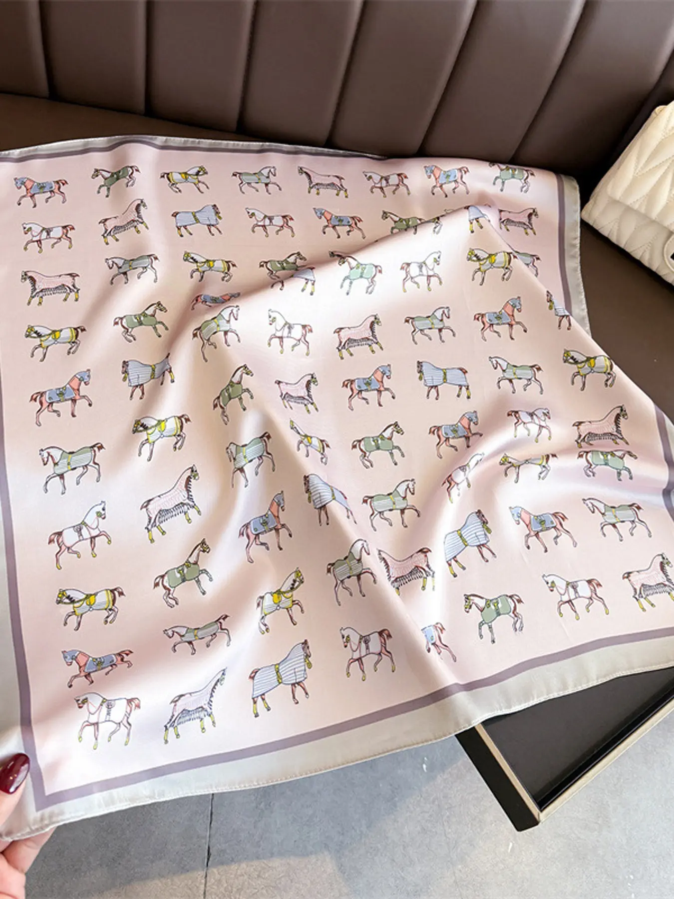 Minimal Full Horse Pattern Office Neck Scarf, Elegant Loose-Fitting Silk Scarf, All Seasons Animal Print Accessory