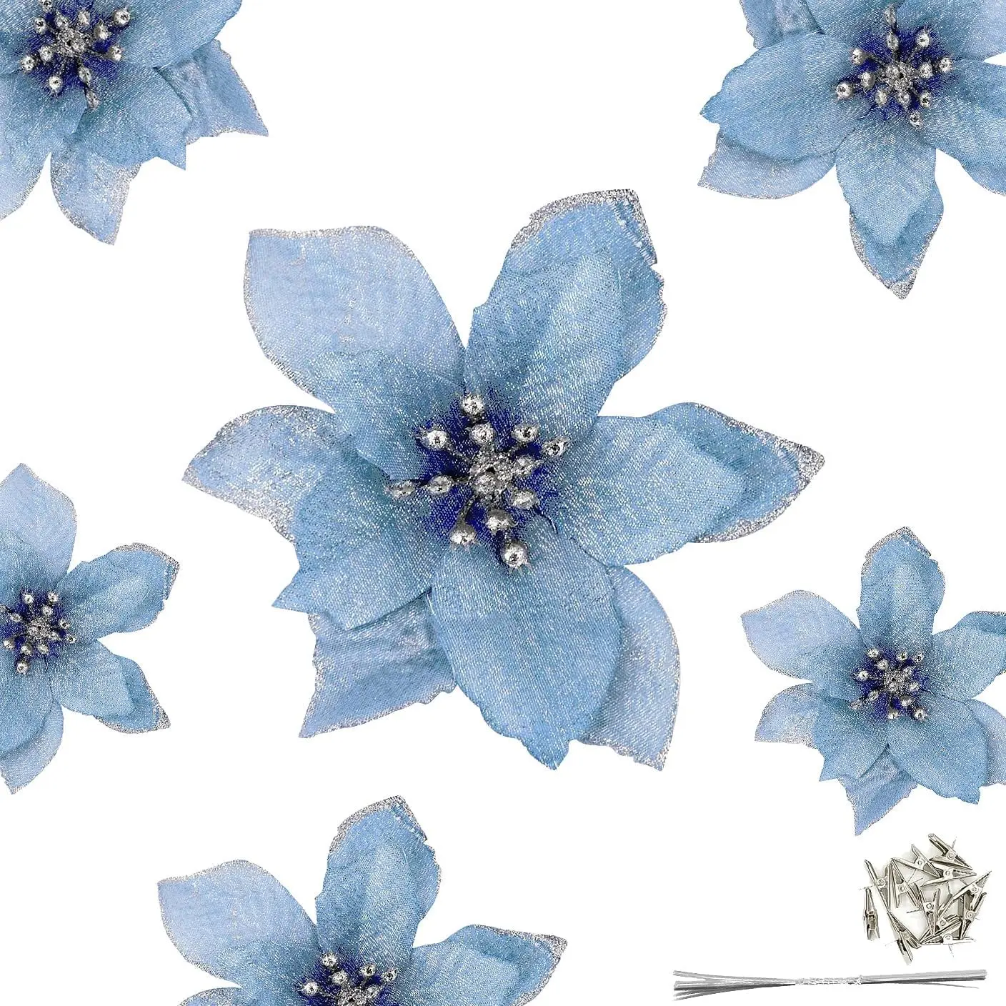 12 count 5 Inch Glitter Artificial Poinsettia  with Ties for Wedding Christmas Festival Holiday Decor Xmas Wreath Garland Ornament Blue