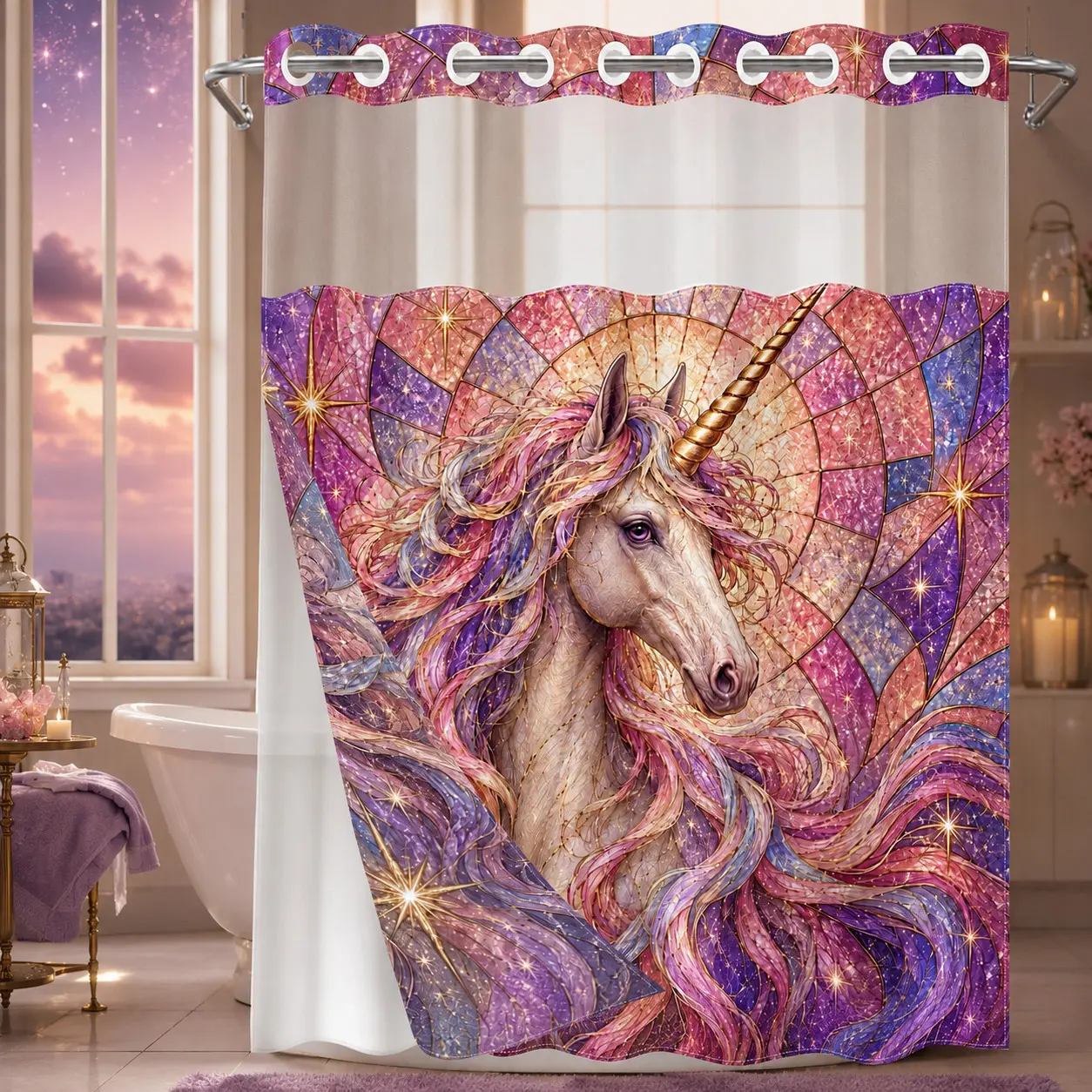No Hooks Stained Glass Fantasy Unicorn Shower Curtain with Snap-In Liner, Double-Layer Waterproof Fabric, Sheer Mesh Top, Removable White Liner, Boho Fantasy Bathroom Decor, Hotel, Dormitory and Bathroom Accessories, 72x75in