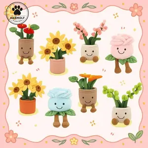 Kawaii Plush Flowerpot Flower Toy Plant Stuffed Smiling Rose Anthurium Hyacinth Orchid Lotus Sunflower Harebell Home Decor Prop