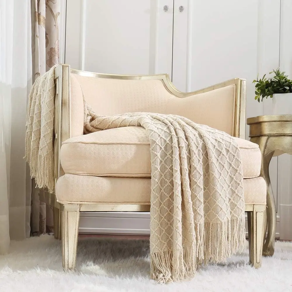 Rustic Crochet Weave Throw Blanket for Home Room Decor - Synthetic Fiber, Soft Texture, Cozy Vibes, Lightweight, Machine Washable (50''X60'' Beige) for Couch, Traveling