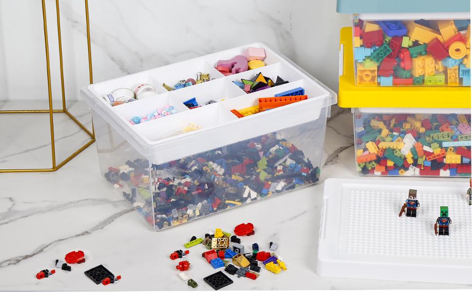 Plastic Storage Bins with Lids - 1 Set Stackable Arts Crafts Organizer Box with Removable Divided Tray &Compatible Building Baseplate,Toy Chest Containers for Bricks -White(14.37"x9.64"x6.69")