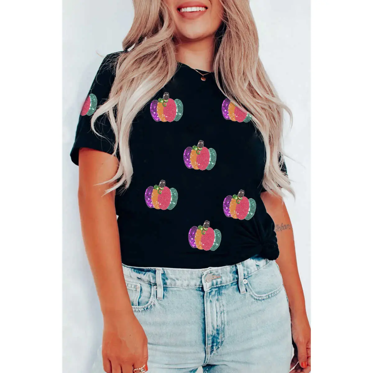 Black Sequined Pumpkin Graphic Round Neck Casual T Shirt