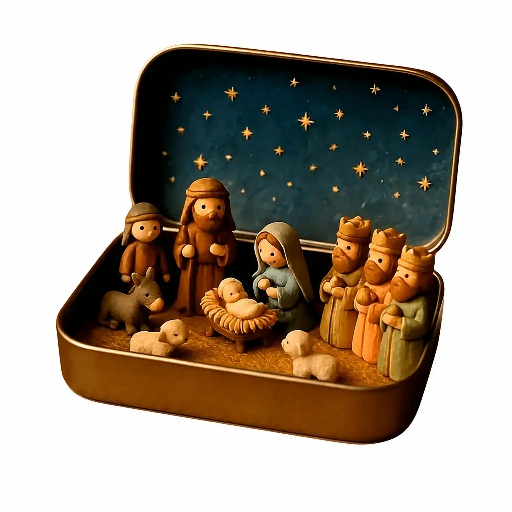 Handmade Mini Nativity Scene Set ( Box) -- Portable Pocket Size Nativity Scene with Mary, Shepherds And Animal Figurines, Hand-Painted, Suitable for Easter, Christmas Gifts, Christmas