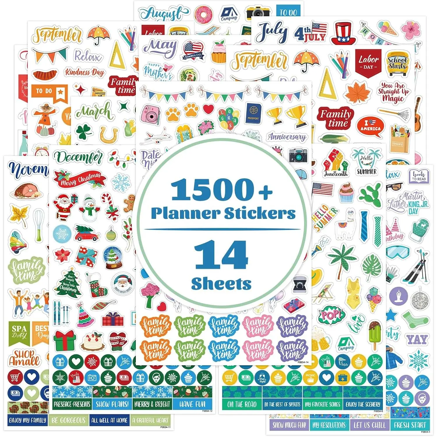 Planner Stickers - 12 Festival Theme Monthly Planner Stickers, Accessories 14 Sheet 1500+ Colourful Sticker,Holiday Seasonal Sticker, for Calendar Journaling, Gifts