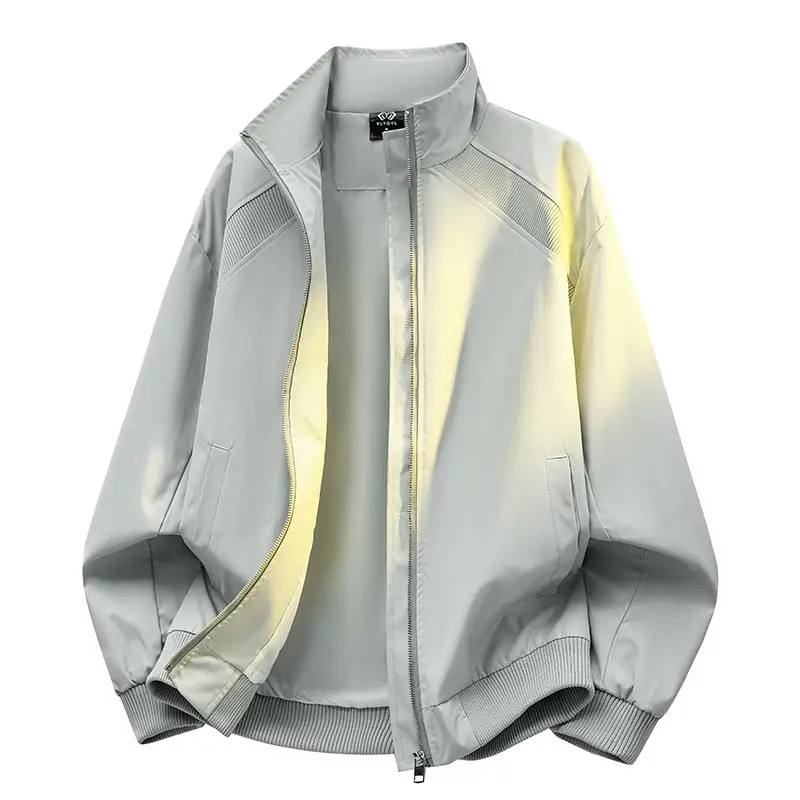 Stand collar full zip bomber jacket, knitted spliced shoulder panels, ribbed cuffs and hem, side slit pockets, lightweight loose fit casual outerwear for spring autumn daily street outfits