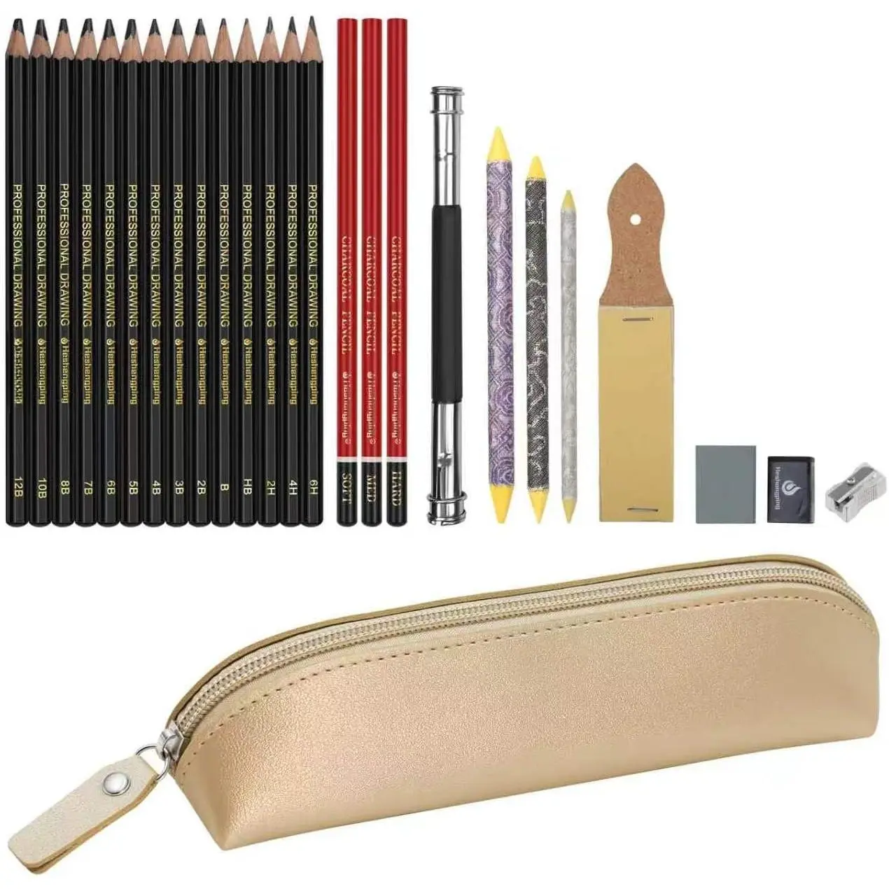 , Sketching Pencil Drawing Pencils Set-26pcs, Art Supplies Drawing Kit,Graphite Charcoal Pro Draw Pencil Set, for Adults Beginners Artist for drawing sketching with Champagne  Case