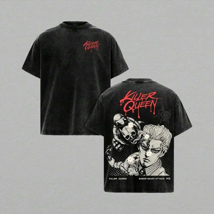 Unisex Everyday Washed Crew Neck T Shirt Bold Dripping Killer Queen Font Chest Full Yoshikage Kira Killer Queen Stand Manga Sketch Back Graphic Short Sleeve Breathable Street Skate Anime Apparel