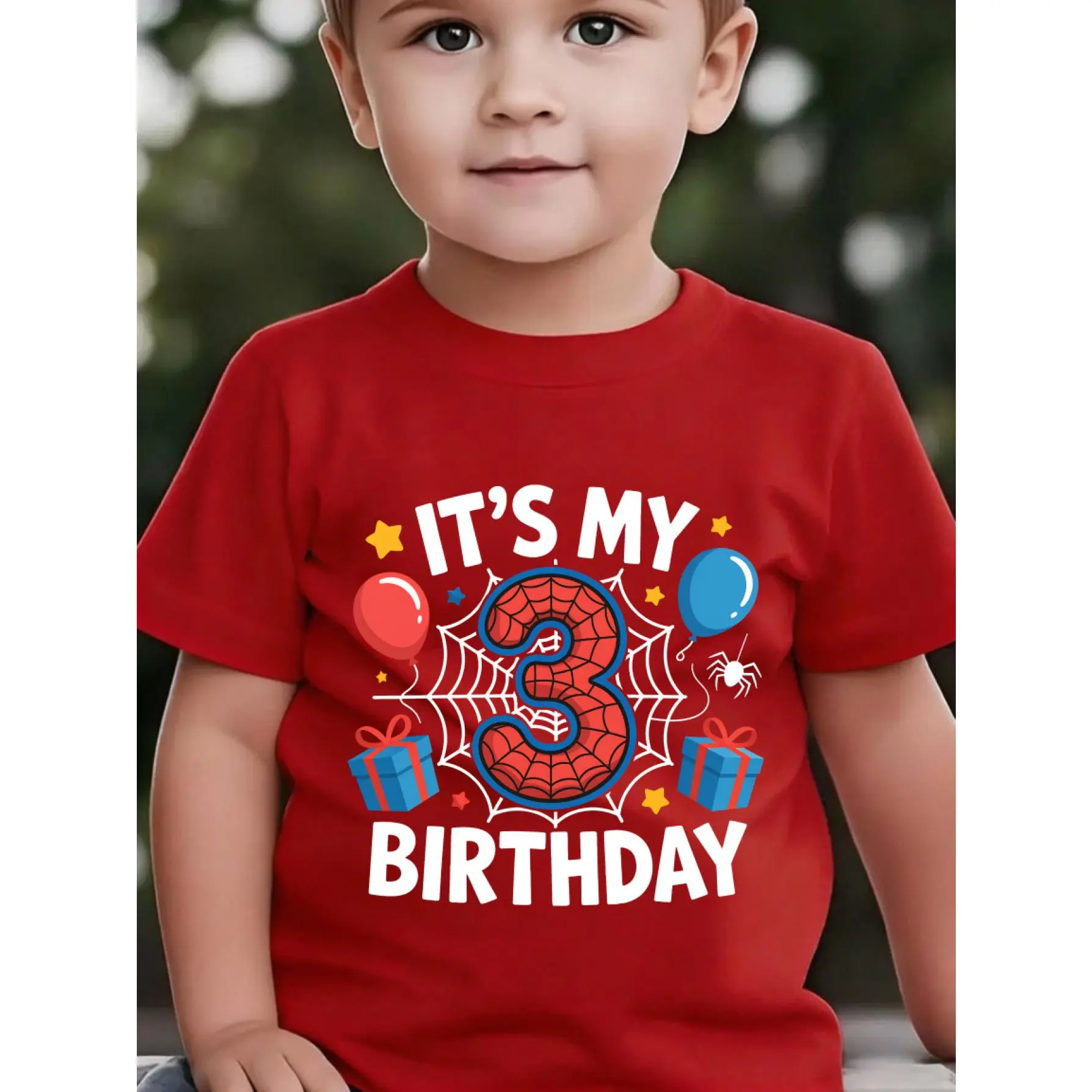 [Spider Web T-Shirt] 1pc Baby Boy Short Sleeve T-Shirt, Cool Red Blue Spider Web "It'S My 3Rd Birthday" Toddler 3Rd Birthday Party Trendy Print Individual Creative Print Round Neck T-Shirt, 1-8Y Boys Daily Casual Sports Outdoor Wear