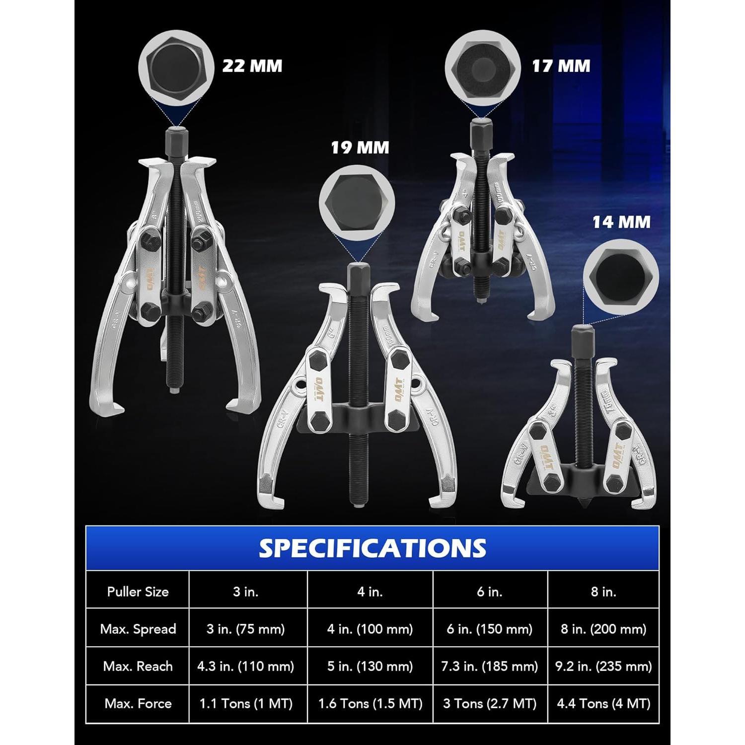 Gear Puller Set, 3" 4" 6" 8" Bearing Puller Kit, 24 count 2 Jaw & 3 Jaw Gear Puller with Reversible Jaws, Heavy Duty Pulley Puller Tool for Pulley Gear Bearing Flywheel Removal