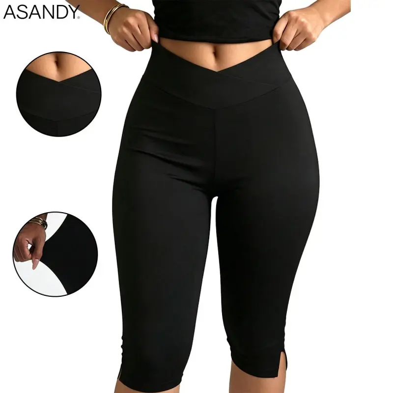ASANDY Women's Crossover V-Waist Capri Yoga Pants, High Waisted Buttery Soft Leggings with Split Hem and Tummy Control for Workout