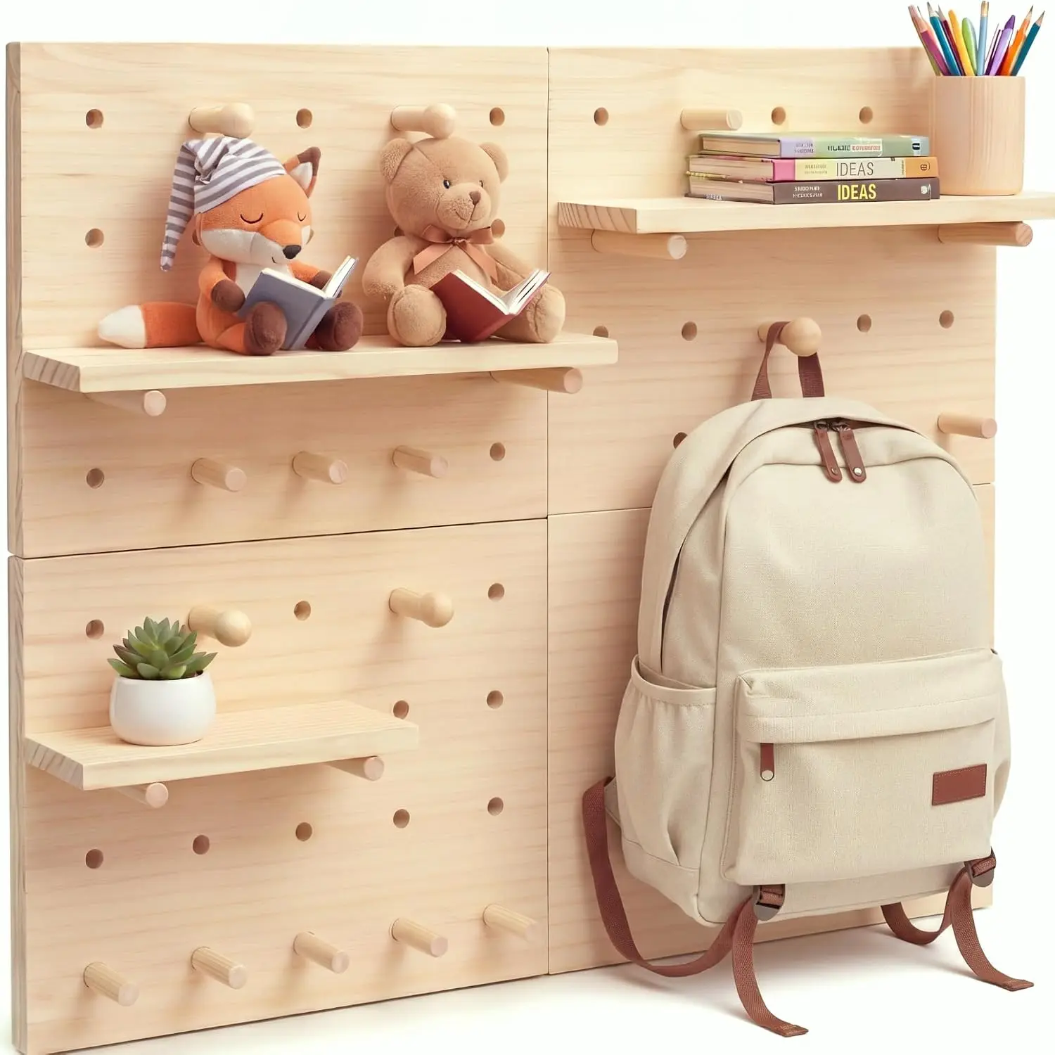 4 Pack  Pegboard Wall Organizer for Classroom 11.81 x 15.75 Inches Wooden Peg Board with Racks Hooks Modular Pegboard Organizer System for Teacher Supplies Student Work Display Office Craft