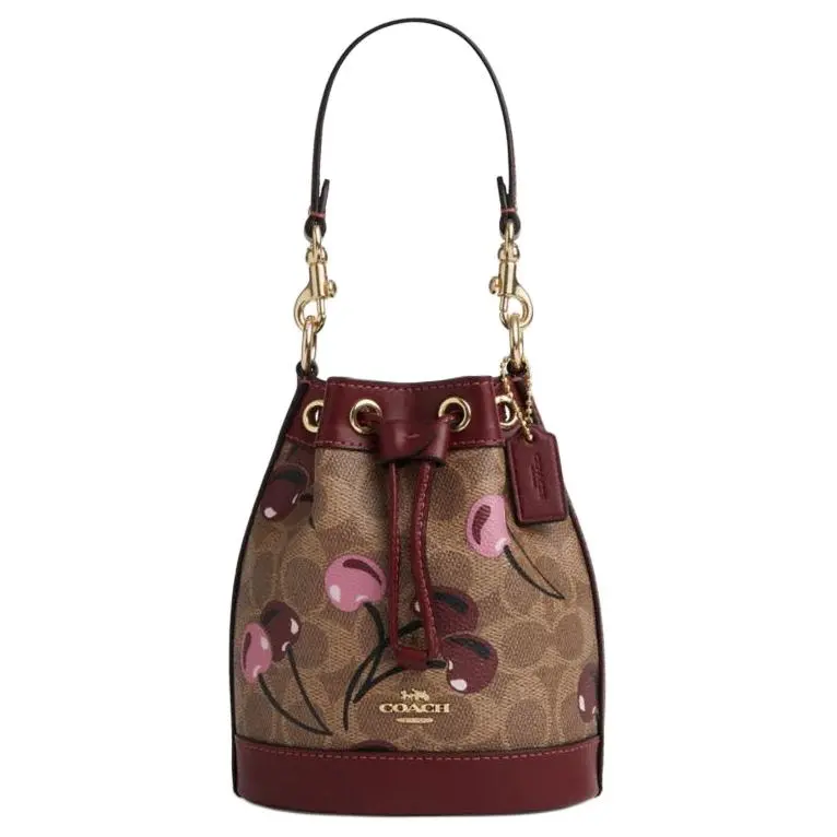COACH Cherry Print Faux Leather Bucket Bag for Women – Tan and Multicolor