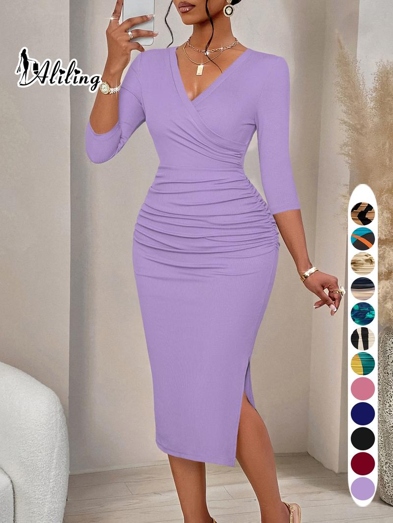 Aliling Women's Dress Valentine's Day Women's Clothing Summer Thin Elegant Midi V-Neck Half Sleeve Geometric Print Ruched Slim-Fitting Dress