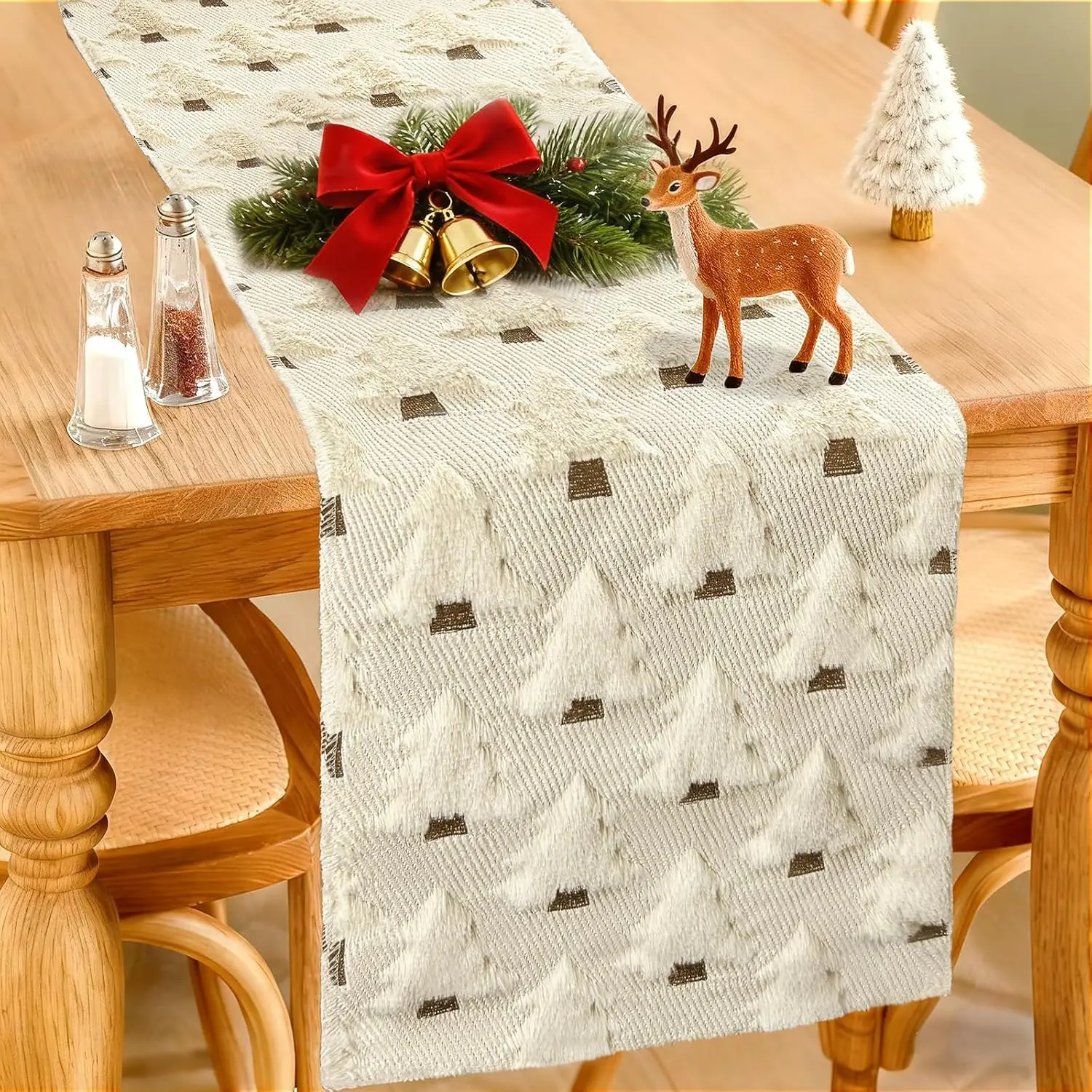 Christmas 13x72 Inch Soft Plush Faux Fur Beige Christmas Tree Xmas Decorations Winter Christmas Runner for Table Home Dining Room Decor