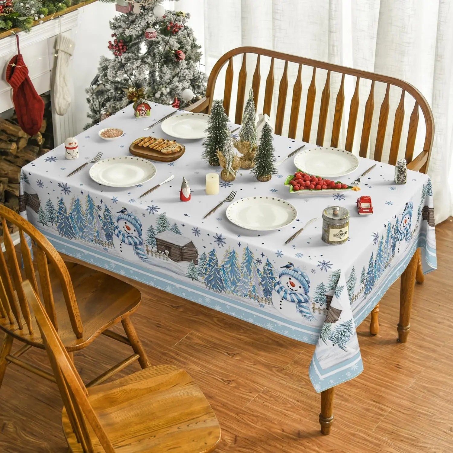 Christmas Tablecloth 60x84 Inches Rectangular Blue Snowman Pine, Perfect for Party Picnic Dinner Decor, Christmas Home Decoration