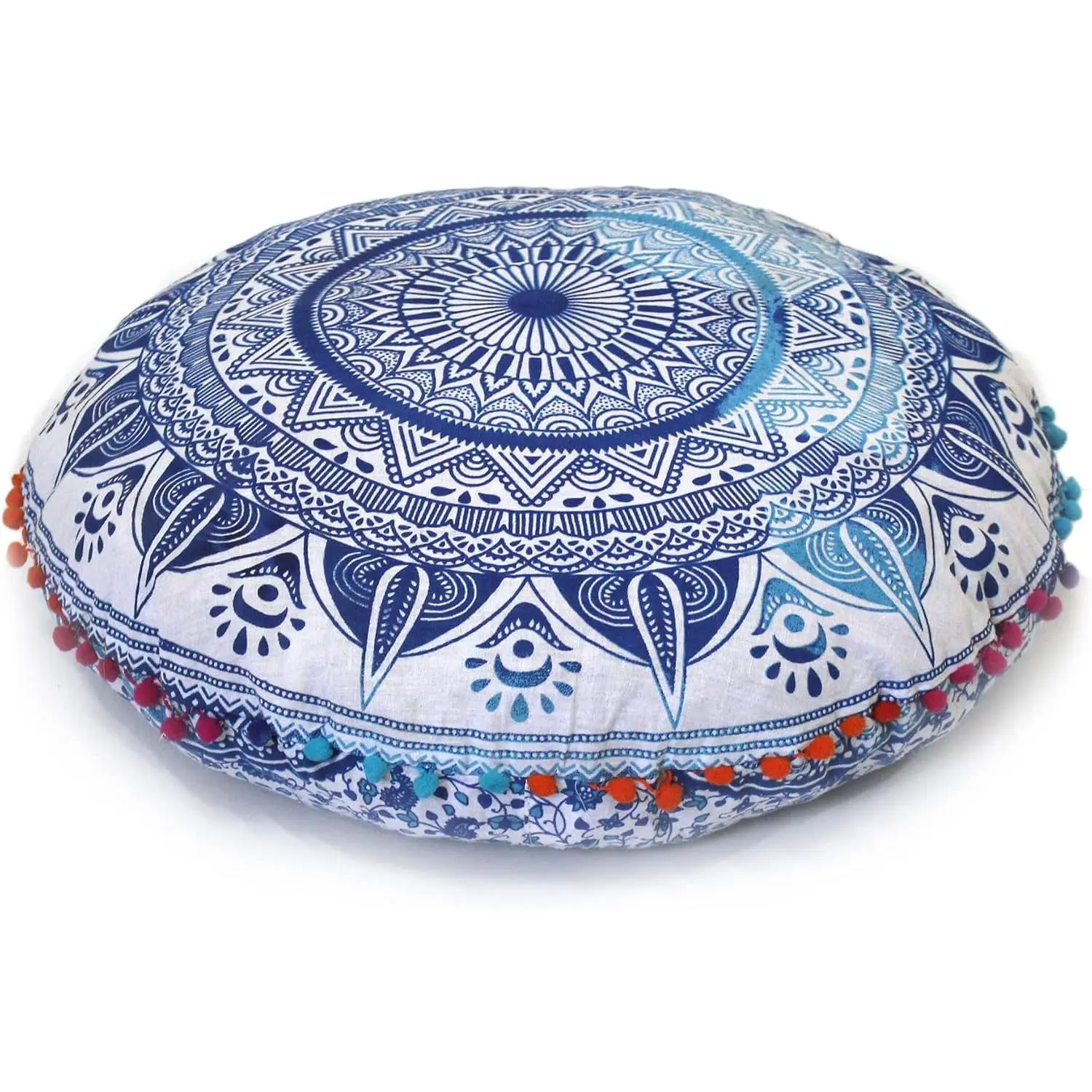 Round Mandala Floor Pillow Cover Seating Cushion Throw Cover Hippie Decorative Bohemian Ottoman Pouf Cover, Pom Pom Pillow Cases,Boho  22 Inches (White and Blue)