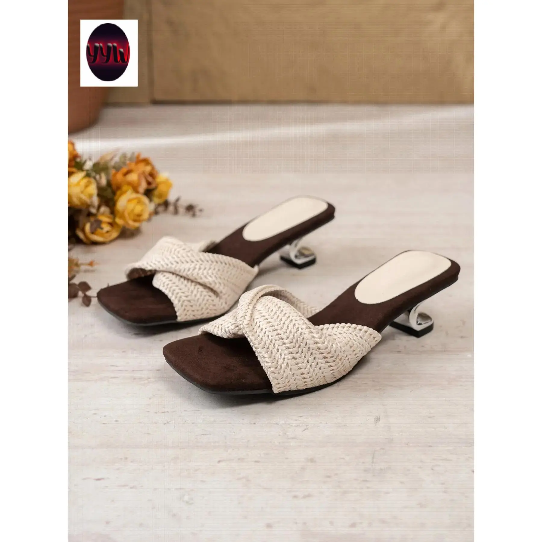 Men's YYW1 French Boho Braided Tie Square Toe Mules, Patchwork Textile Upper, Non-Matching Style, Artistic Atmosphere, Daily Outing Casual Shoes, Slip-On