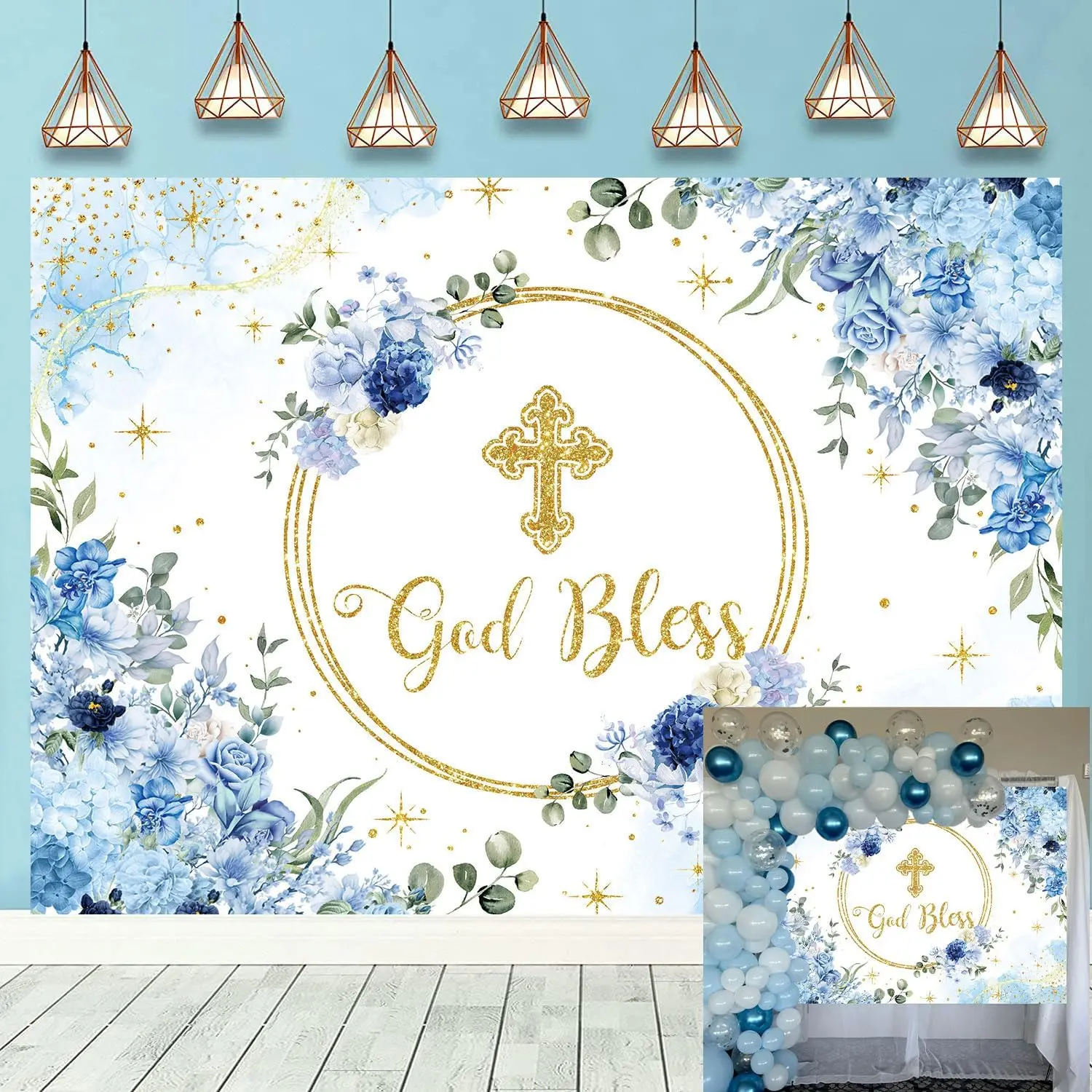 God Bless Backdrop for Boy First Holy Communion Baptism Background | Blue Floral Glitter Christening Party Decorations Banner   Shower, Photography Banner