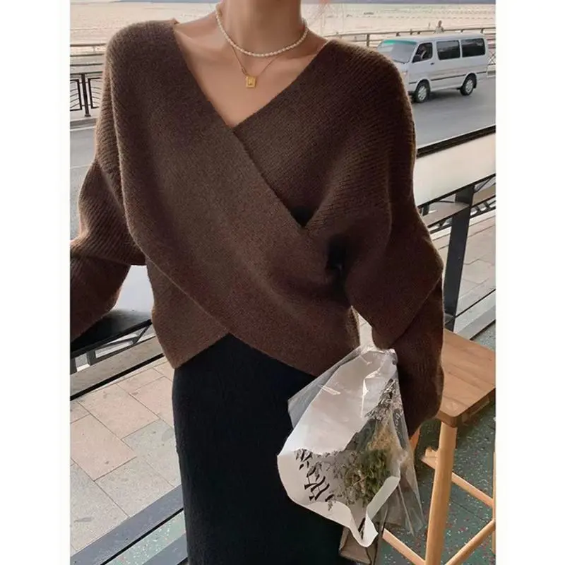 Criss Cross Wrap Sweater for Women Rib Knit Long Sleeve V-Neck Crossover Pullover Crop Jumper Autumn Winter Elegant Chic Outfit