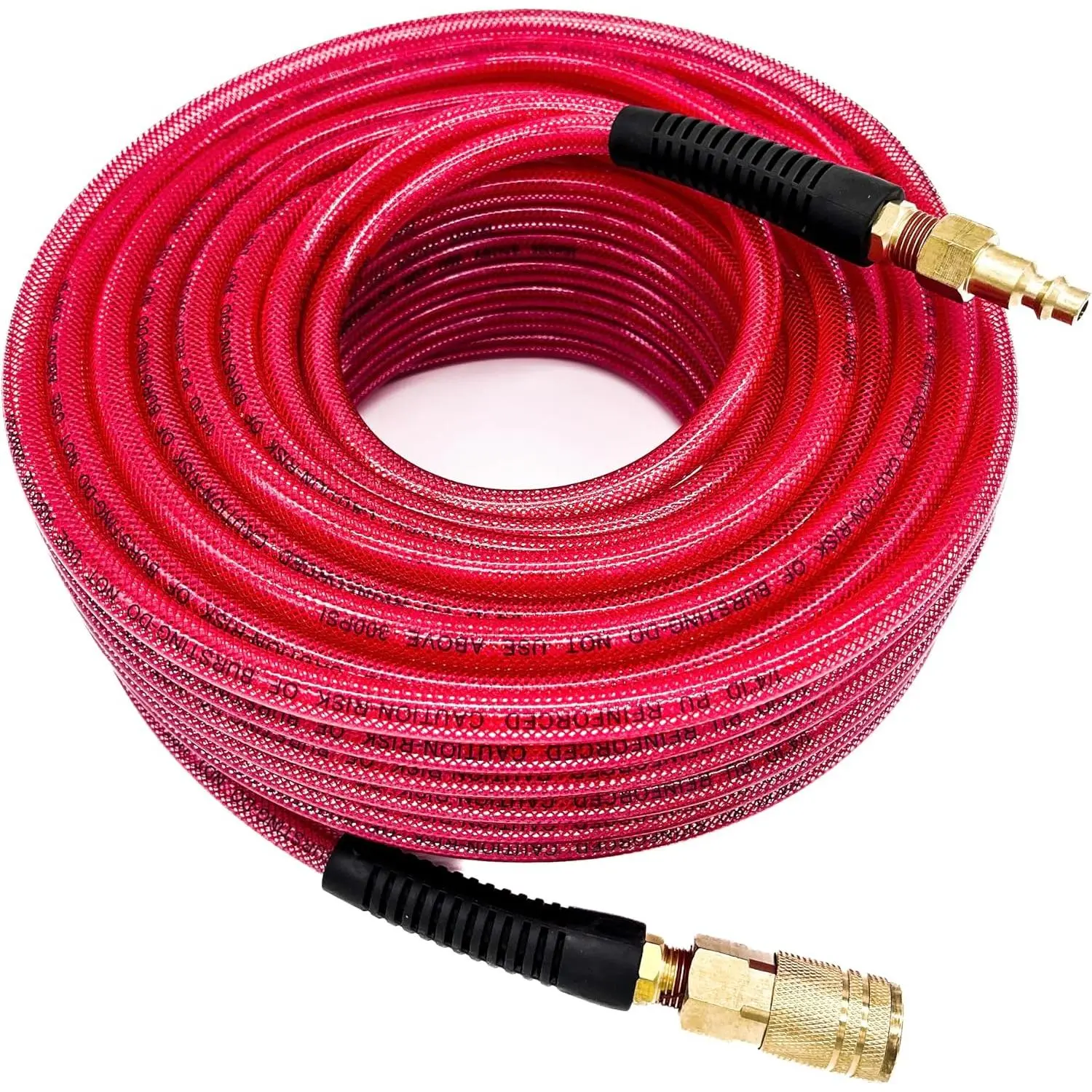 Polyurethane(PU) 1/4-Inch Reinforced Air Hose with 1/4” Swivel Industrial Quick Coupler and Plug Bend Restrictor (Red, 100FT)