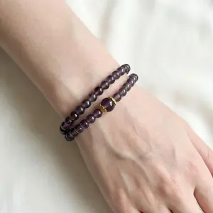 2Pcs Smoky Purple Gray Agate Beaded Bracelet Set,Natural Gemstone Stackable Design,Women’s Dainty Jewelry For Everyday Casual Styling