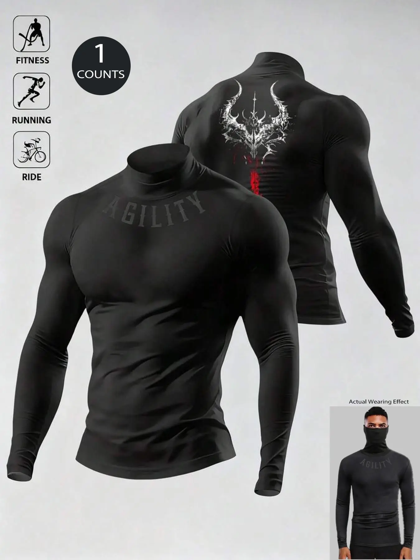Men's Half-Height Neck Long Sleeve Top, Fitness Shirt with Agility Text and Bull Horn Pattern, Gym Training, Running, Cycling