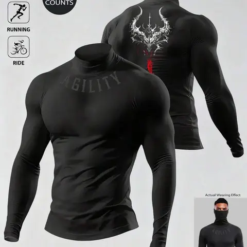 Men's Half-Height Neck Long Sleeve Top, Fitness Shirt with Agility Text and Bull Horn Pattern, Gym Training, Athletic Training Tops, Running, Cycling, Casual Fitness Wear, Athletic Training Apparel
