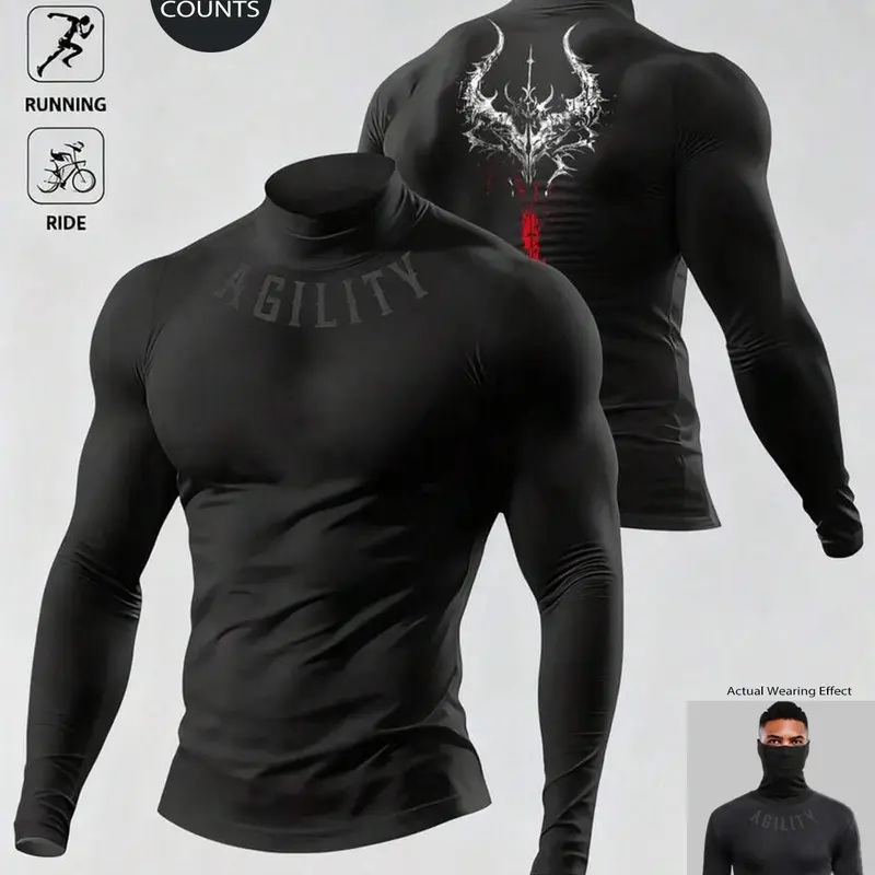 Men's Half-Height Neck Long Sleeve Top, Fitness Shirt with Agility Text and Bull Horn Pattern, Gym Training, Athletic Training Tops, Running, Cycling, Casual Fitness Wear, Athletic Training Apparel