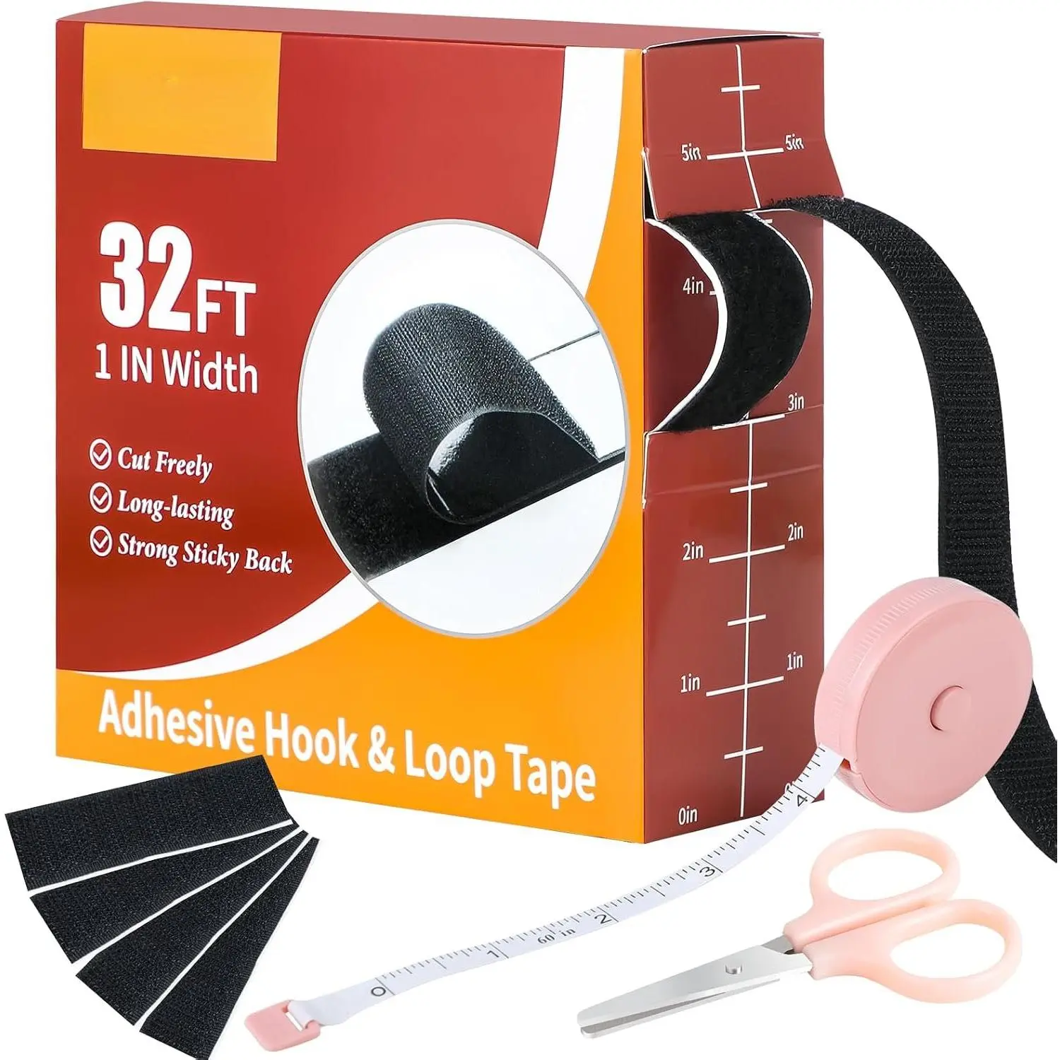 32Ft *1 Inch Hook and Loop Tape with Adhesive , Heavy Duty Double Sided Adhesive Strips,  Sticky Strips Roll for /Office/School/, Black