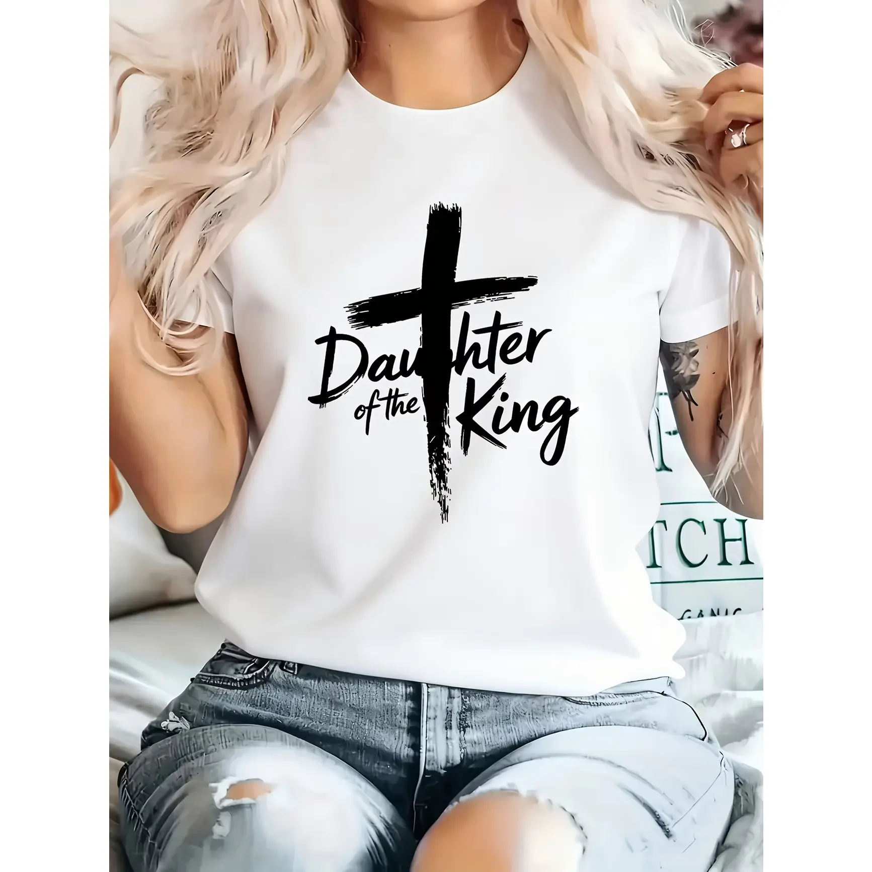 Daughter Of The King Brush Cross Graphic Oversized Cotton T-Shirt, SummerVibes,Christian Faith Cute Fashion Comfort Outfit Tee, Perfect Valentine Holiday Gift For Her Family Friends