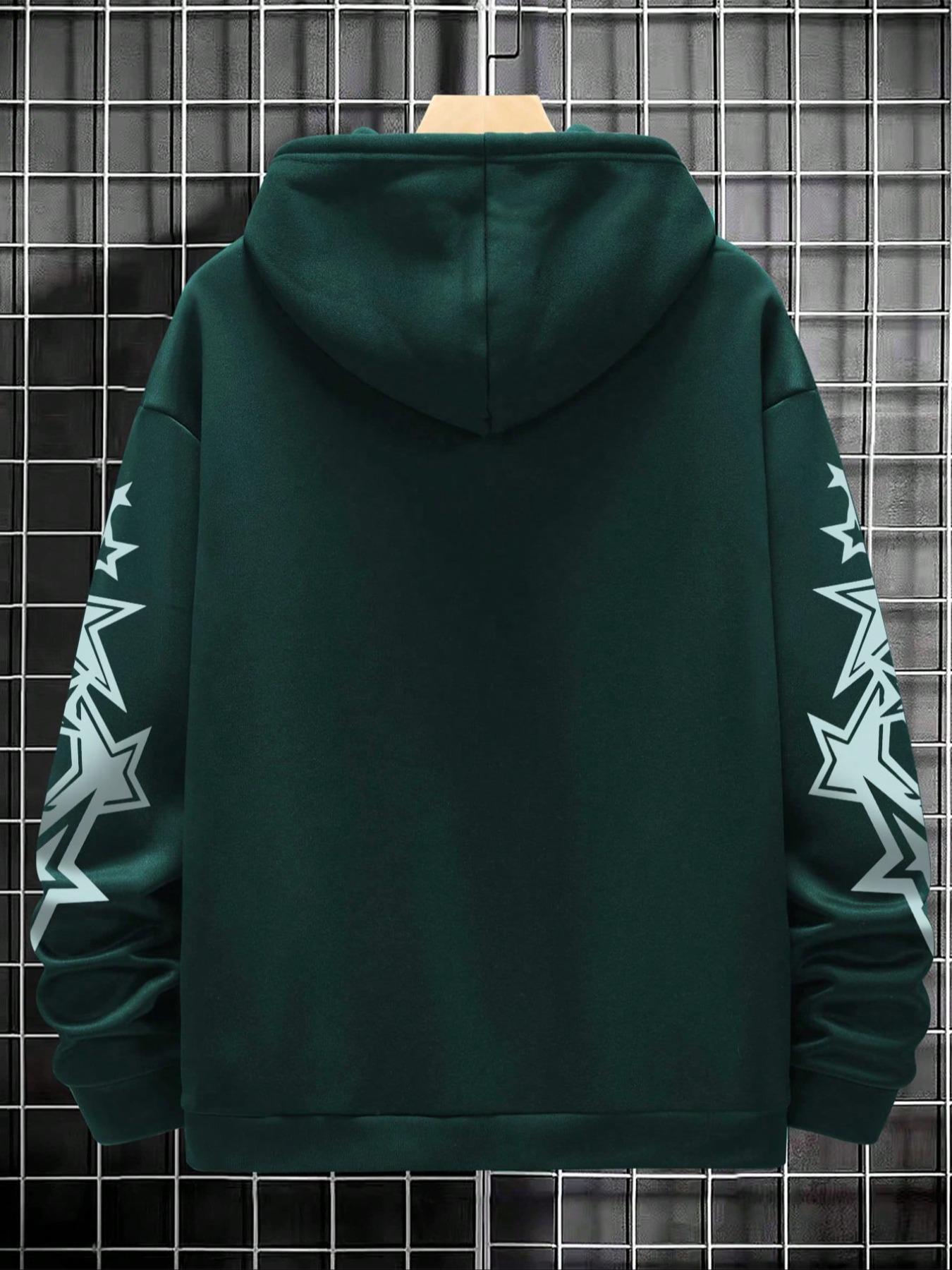 Men's Star Print Drop Shoulder Hoodie, Fashion Casual Regular Fit Drawstring Pocket Hooded Sweatshirt for Daily Holiday Outdoor Wear, Men Clothes for Fall & Winter, Streetwear Hoodie, Drawstring Pocket Hoodies