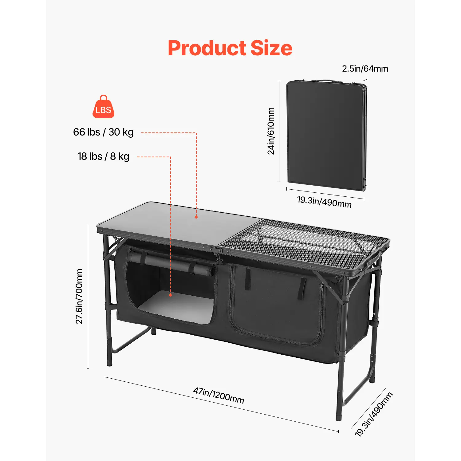 Camping Kitchen Table Folding Portable Adjustable Cooking Station Storage, Iron mesh + aluminum-plastic panel/Aluminum-plastic panel, Black/Blue