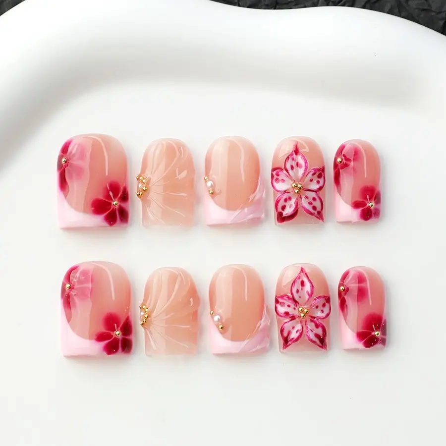 10 Pcs Handmade Press-On Nails, 3D Sparkly Nude French Crystal Gel False Nails, Nail Art Supplies, Flower & Shell Design, Reusable, Y2K Style, Perfect Gift, Glittering Fake Nails