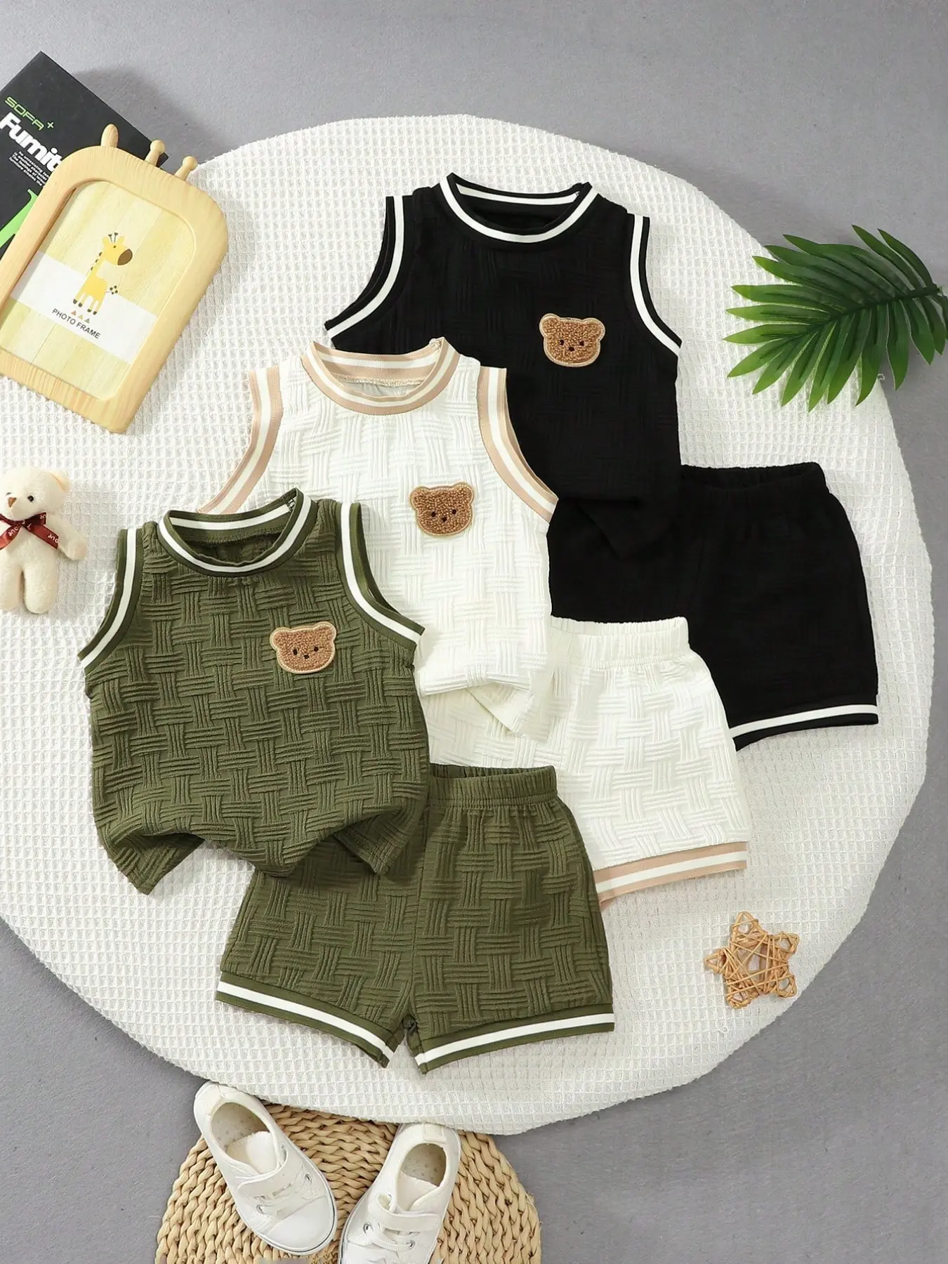 6-Piece Baby Boy Summer Set, Textured Fabric Cute Bear Design, Round Neck Tank Top and Shorts, Casual Fashion for Kids, Baby Clothing