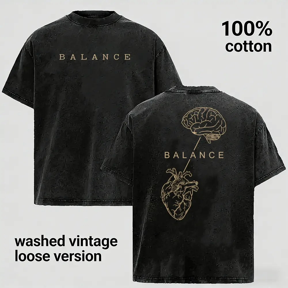 Balance Graphic T Shirt, Mind Heart Anatomy Design Tee, Minimalist Vintage Washed Oversized Shirt, Men's Streetwear Cotton Top