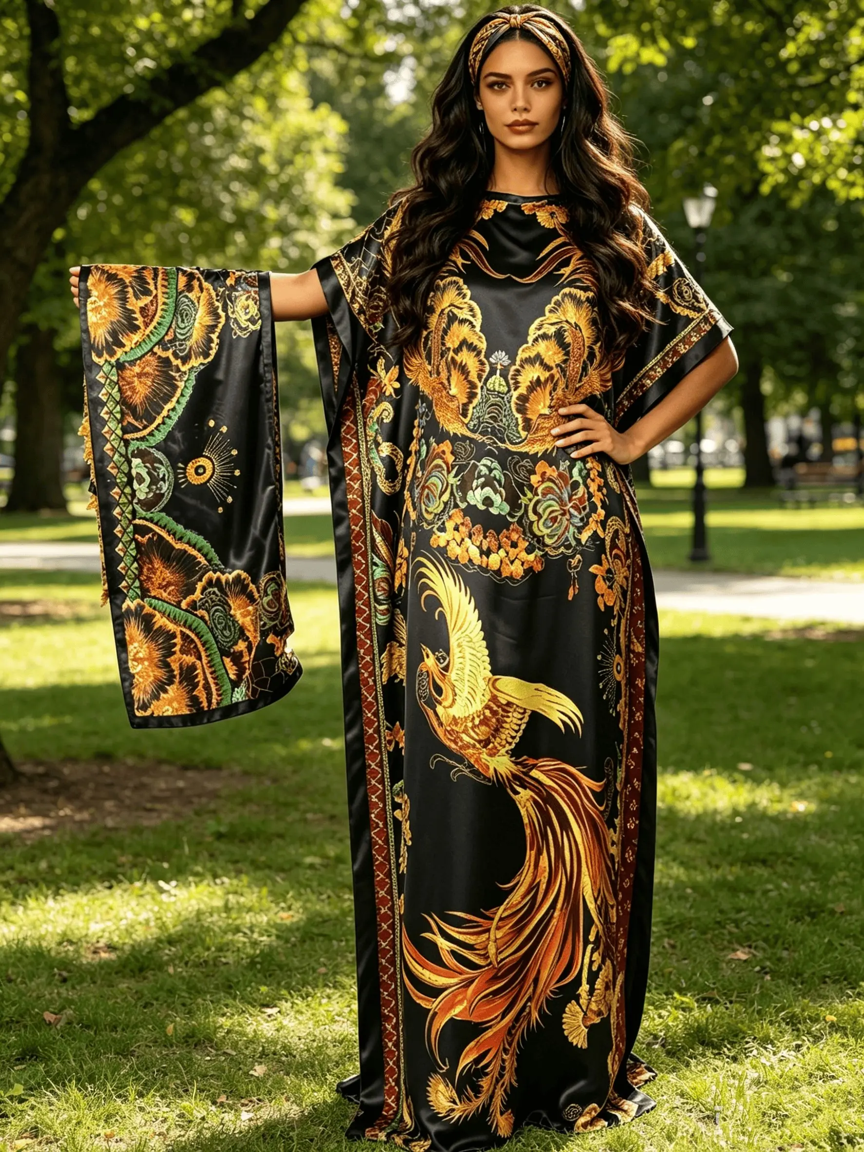 Women Oversized Black Vintage Golden Phoenix Printed Caftan Maxi Dress Two Piece Outfit With Scarf, Loose Flowy Split Side Kaftan Robe, Curvy Friendly Plus Size Beach Cover Up, Soft Casual Oriental Resort Wear, Bohemian Lounge Night Gown, Summer Pool Vaca