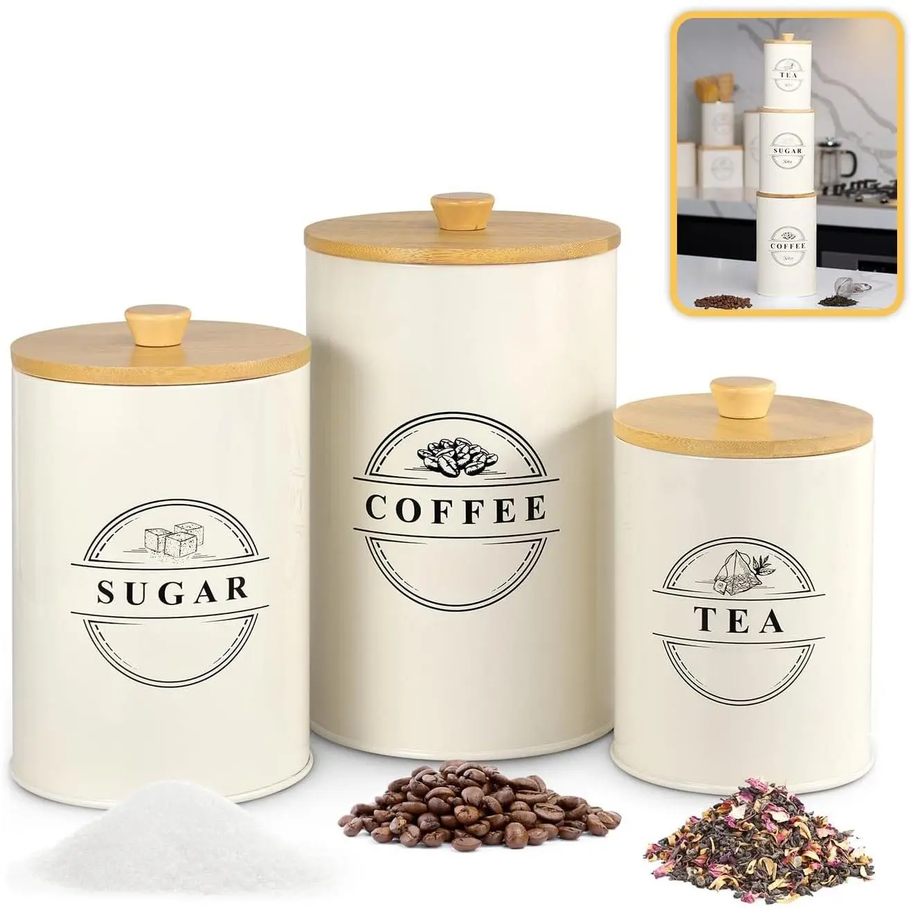 Canisters Sets for Kitchen Counter Storage and Organization with Wooden  ,  Pantry Containers, Stackable Steel Storage Bins, Airtight Sugar  Coffee Canisters - Cream