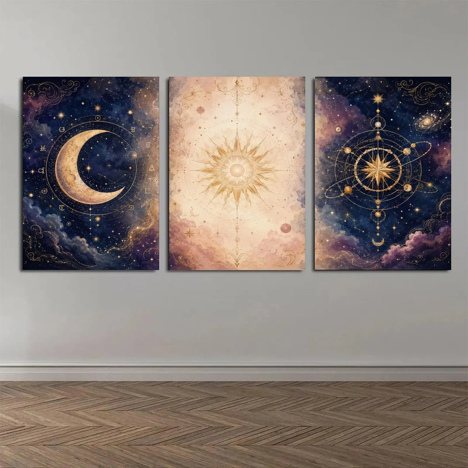 3 Piece Celestial Sun Moon Star Wall Art Canvas Poster Set, Mystical Astrology Decorative Poster Prints, Cosmic Wall Decor for Bedroom Living Room Office Dorm, Available as Unframed Canvas Poster or Framed Canvas Wrap