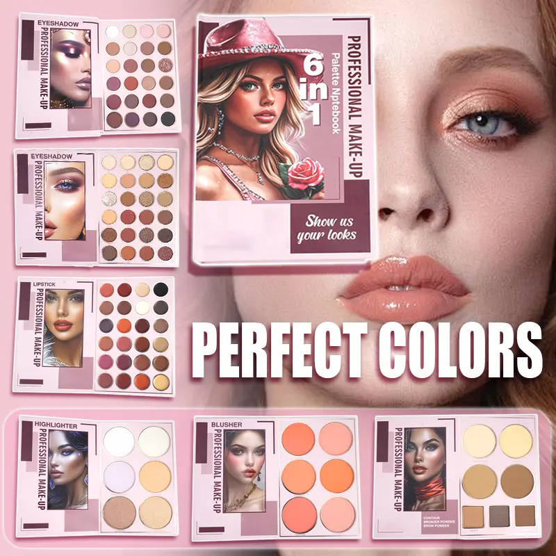 6 in 1 Professional All-In-One Makeup Palette Notebook, Matte Shimmer Eyeshadow, Blush, Contour Bronzer, Highlighter, Lip Color Combo Makeup Kit for Daily & Party Cosmetics