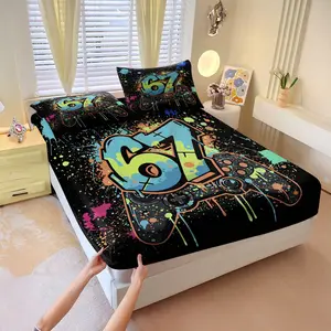 3Pcs Cool Gamer 67 Graffiti Fitted Sheet Set No Fillers, Neon Drip Game Controller Bed Sheet Set, Street Art Bedding Set with Pillowcases, Deep Pocket Design for Teen Boys Kids Gamers Bedroom Game Room