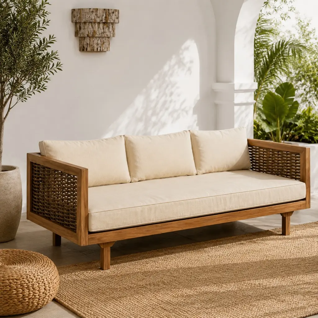 ARCH by Christopher Knight Home 3-Seater Claremont Rattan-Arm Rectangular Day Bed - Acacia Wood Frame, Open Slats Panel, Beige Cushion, Airy Indoor-Outdoor Sofa, Fits 3-4 People, 70.54 lbs, Assembly Required, 67.5x32x24 in