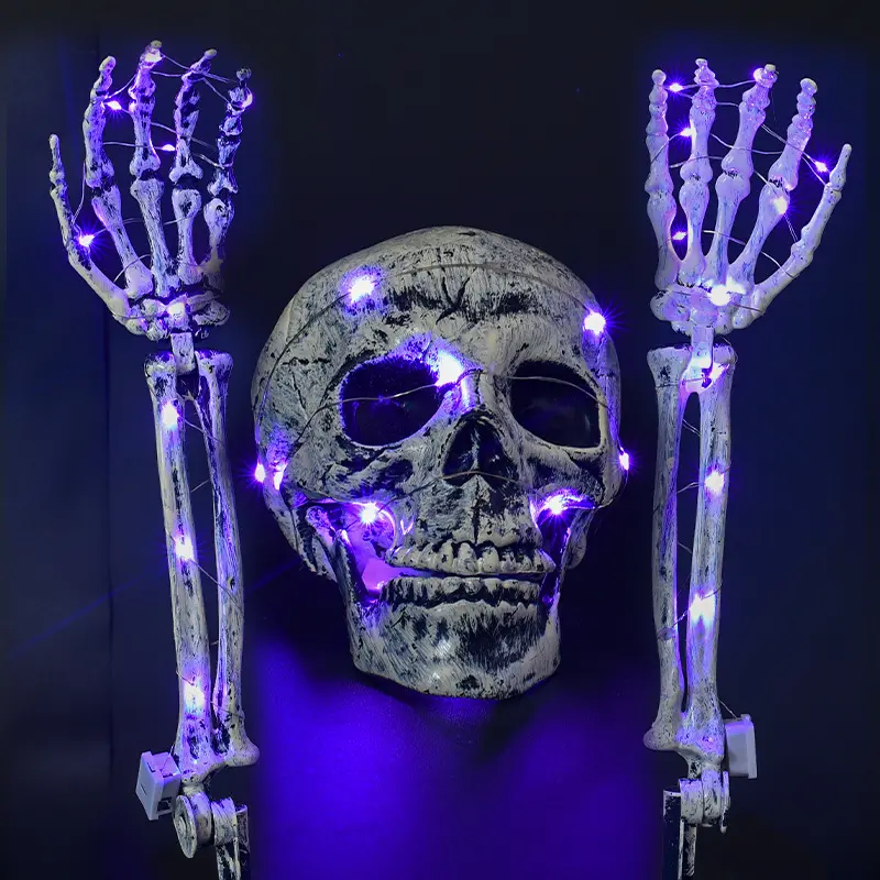 Light Up Skeleton Skull & Arm Stakes Set, Green LED Glowing Skeleton Head + Pair Bone Hands Stakes, Realistic Weathered Bone Halloween Yard Outdoor Decor, Spooky Graveyard Haunted House Lawn Decorations