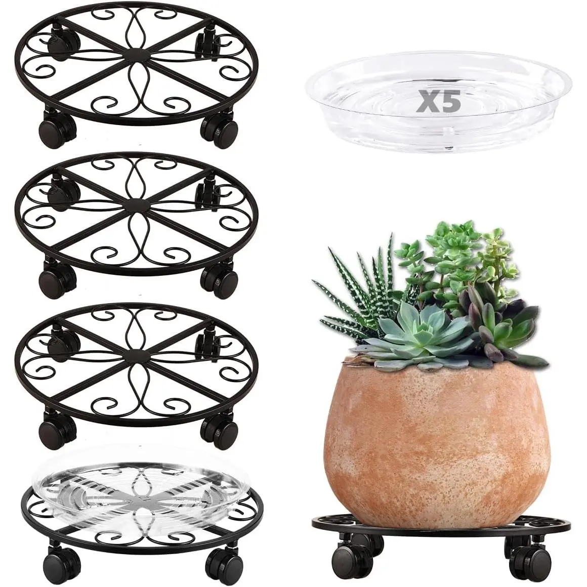 5 Pack Plant Caddy with Wheels Heavy Duty 12 Inches Metal Plant Stand on Wheels Plant dolly Rolling Plant Stand Plant Roller with Casters for Indoor and Outdoor with 5 Pack Plant Saucers, Black