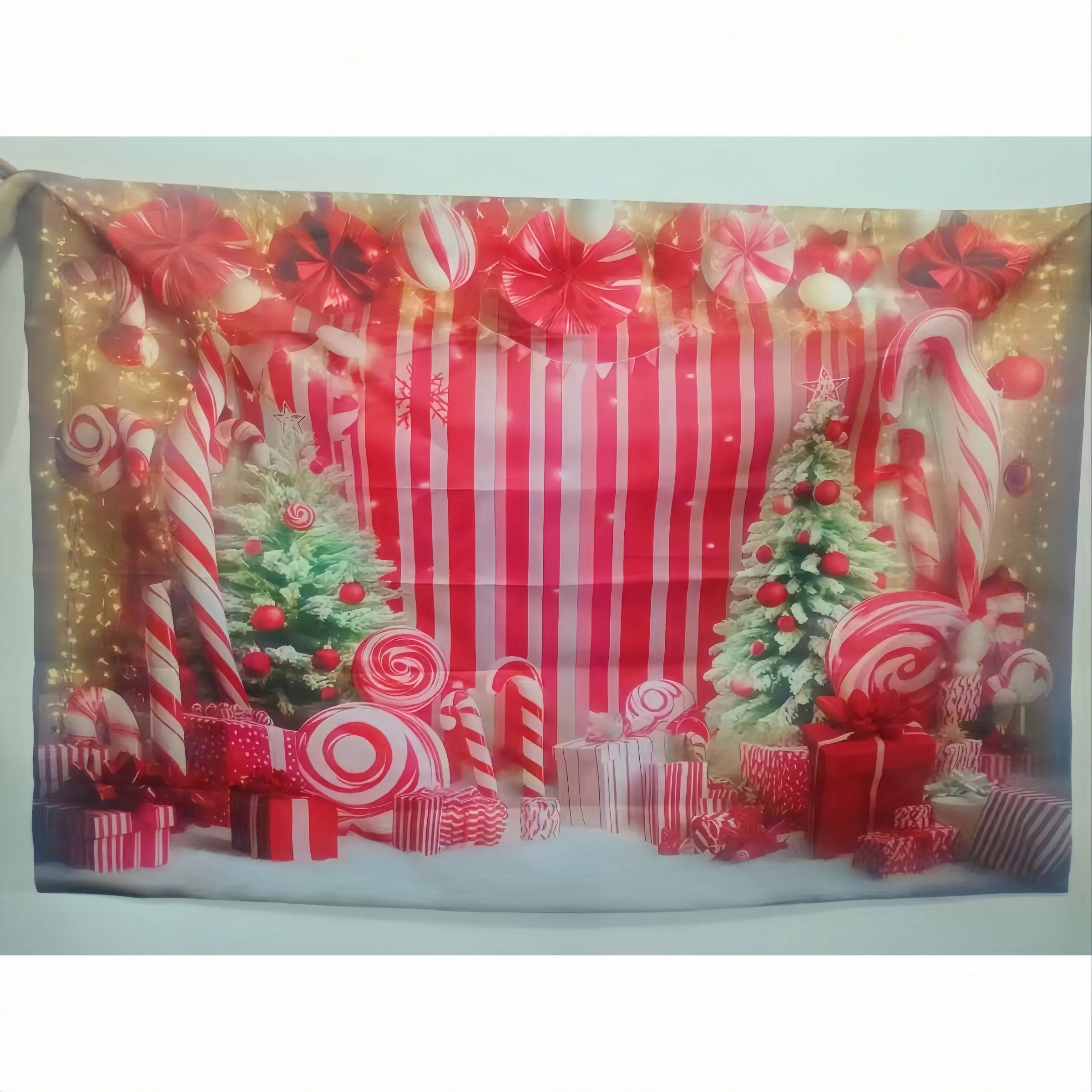 2D Flat Xmas Candyland Theme Photo Backdrop, Candy Cane Gift Box, Christmas Tree Background Cloth, New Year Party Decoration