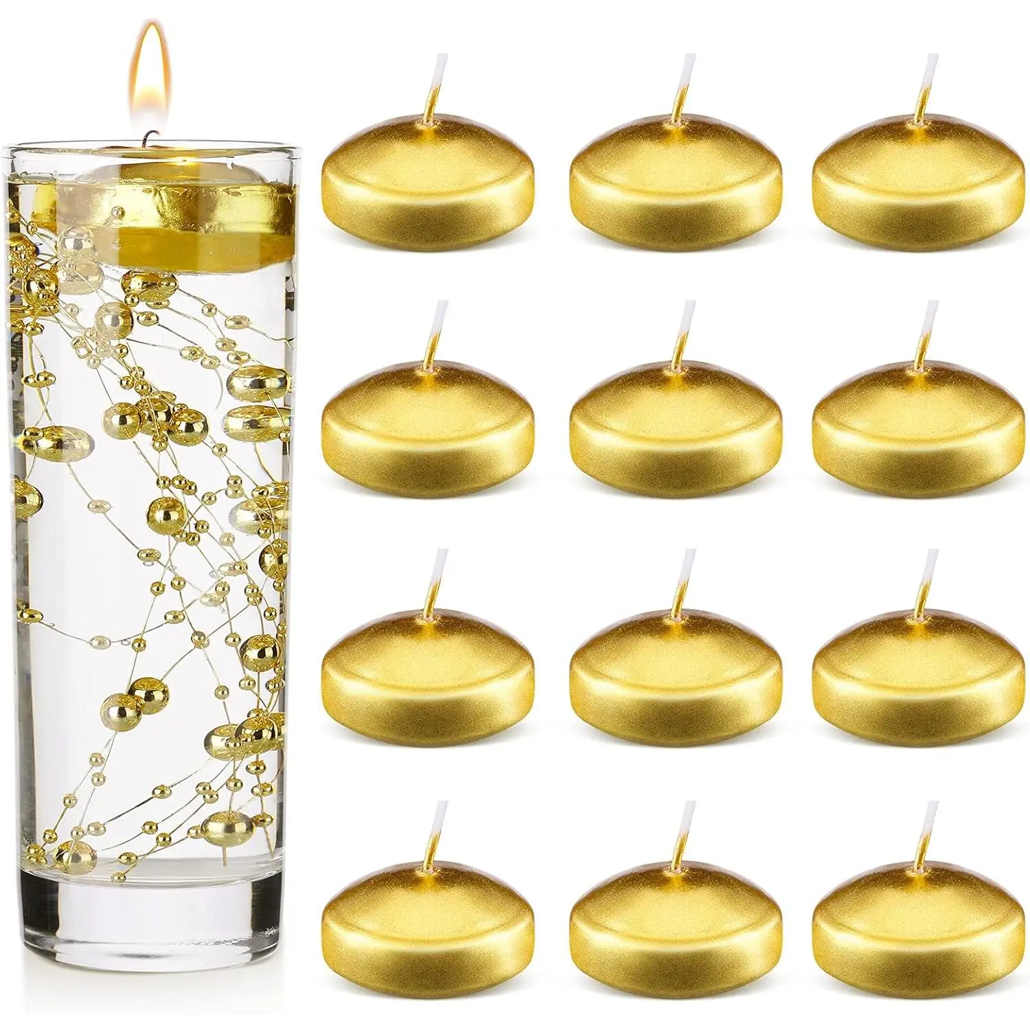 12 Pack 1.65 Inch Unscented Water Floating Candle Set, Wax Burning Floating Candles for Cylinder Vase Centerpiece, Ideal for Wedding Party Pool Home Decor, Gold
