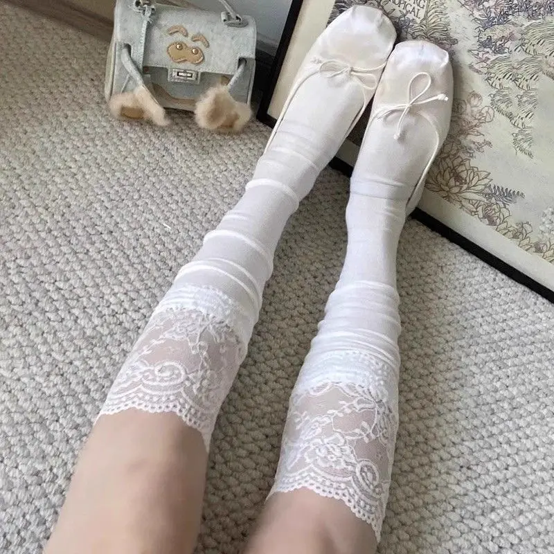 Unisex 2-Pc Japanese Lolita Mid-Calf Slouch Socks - Breathable Cotton Slouch-Fit Socks with Lace Cuff, Casual Wear for Spring Summer (Sports & Outdoor Loungewear Accessory)