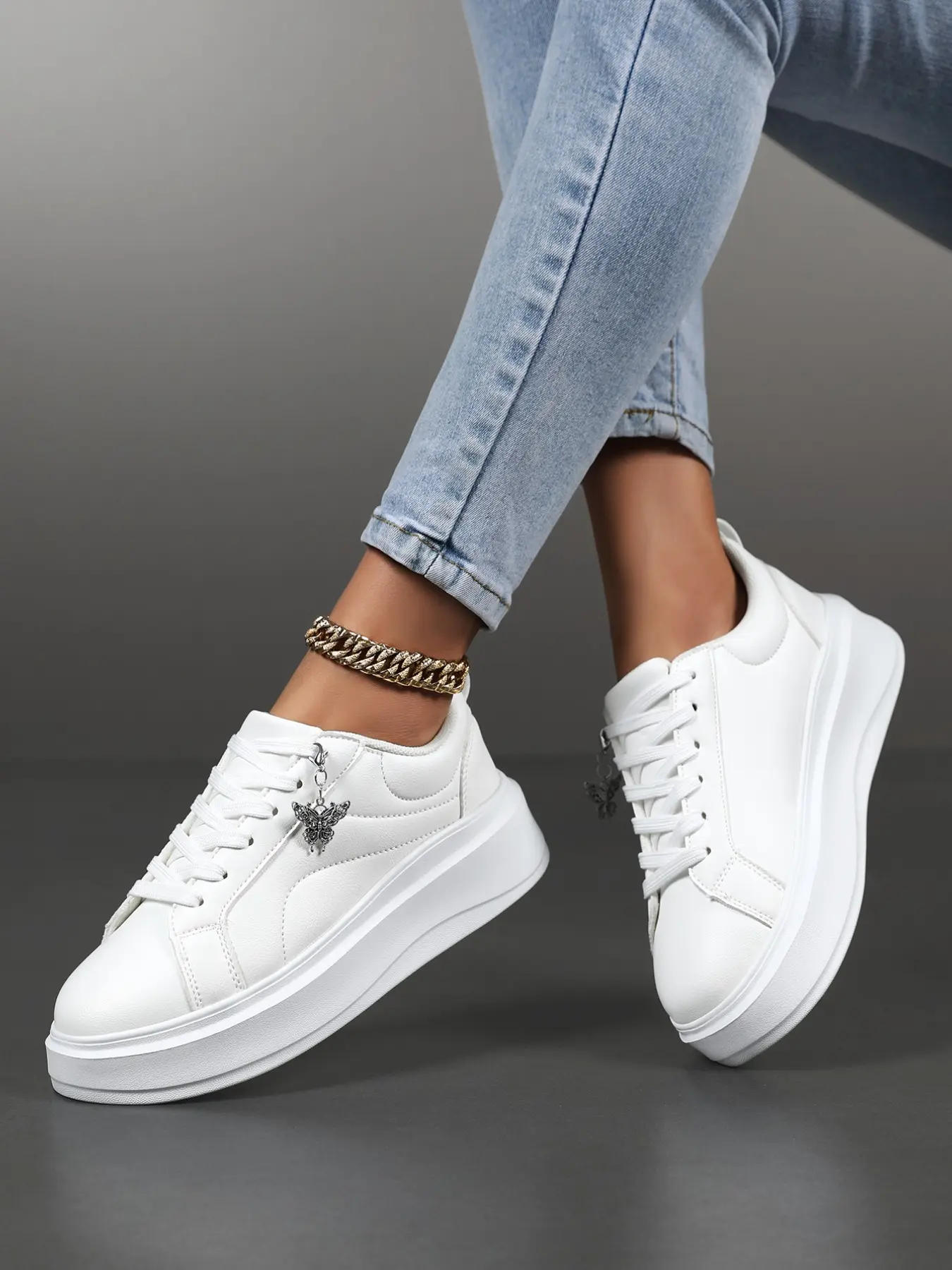 Women's Rhinestone Butterfly Decorated Thick Sole Sneakers, Versatile Lace-Up Height-Boosting Casual Sports Shoes