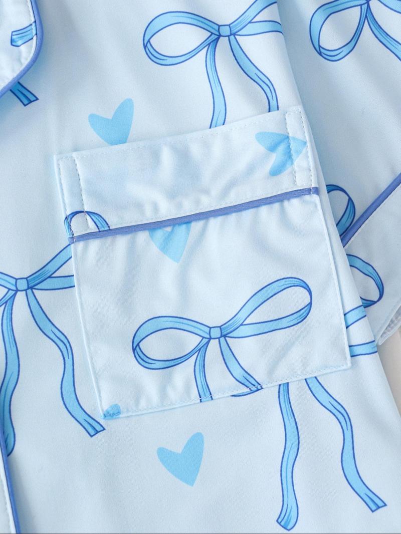 Women's All Over Bow Print Lapel Neck Pocket Shirt & Elastic Waist Shorts Pyjama Two-piece Set, Casual Comfy Short Sleeve Top & Shorts Pj Set, Pajama Sets Women, Ladies Sleepwear for All Seasons, Pajamas, Womenswear, Lounge Wear